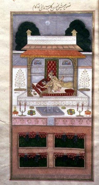 卡姆普和卡玛尔塔的新婚之夜，出自《Dastur-i Himmat》（约1755年）（照明）。 作者 穆罕默德·穆拉德（Muhammad Murad）