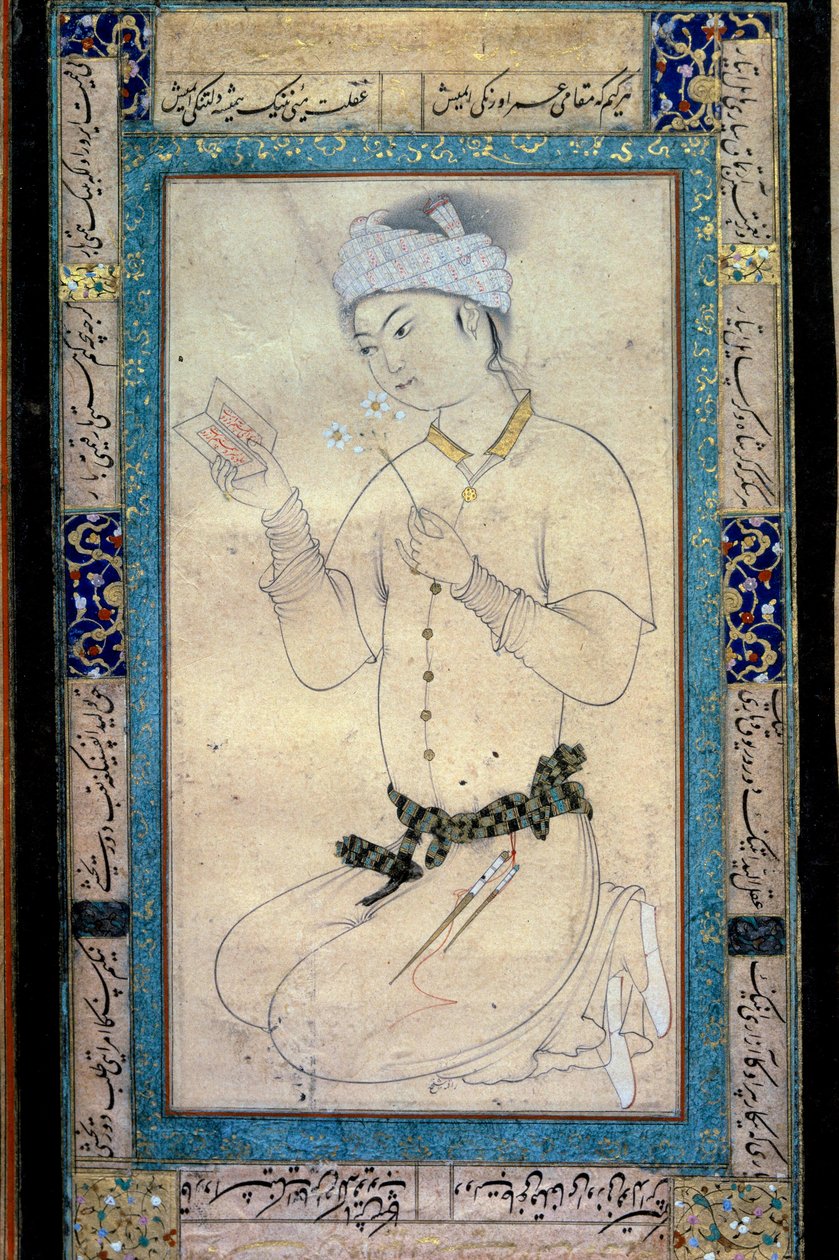 在穆罕默德·谢赫 (Muhammad Shaykh) 的水粉画中，一个拿着书和自恋波斯微缩模型的年轻人 作者 穆罕默德·谢赫（Muhammad Shaykh）