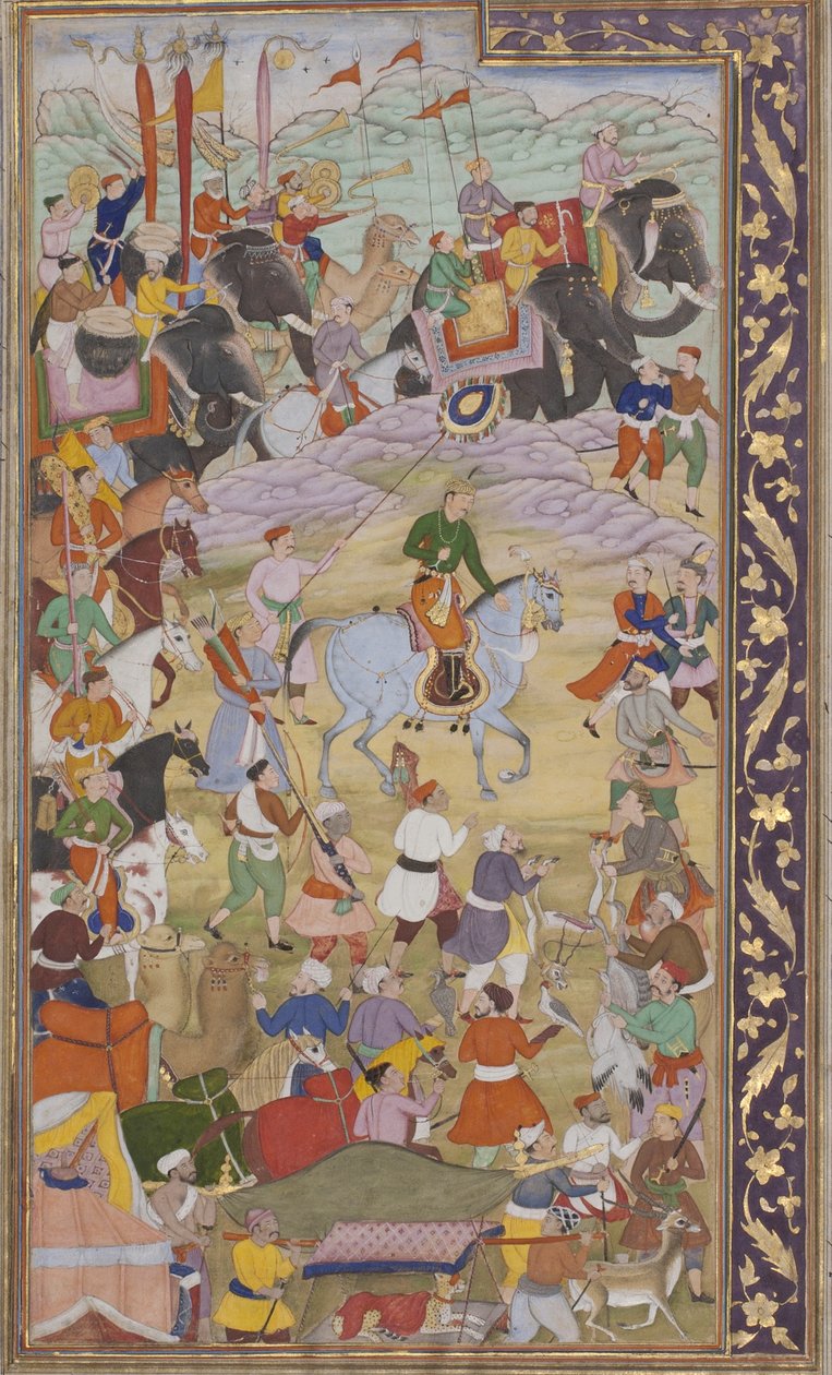皇帝阿克巴尔在前往古吉拉特邦的途中在Sanganer狩猎，1600-10（纸上不透明的黄金和黄金） 作者 穆孔德