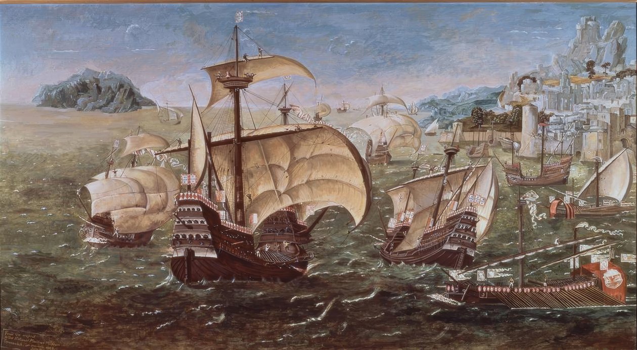 岩石海岸上的葡萄牙船 - XVI CENTURY –O / L - 78 × 144 - 格林威治博物馆原件的副本 作者 蒙迪约翰