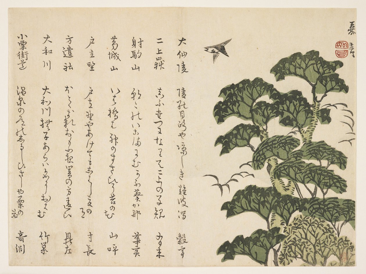 大树和鸟，c.1830-44（彩色木版画） 作者 村田Kagen
