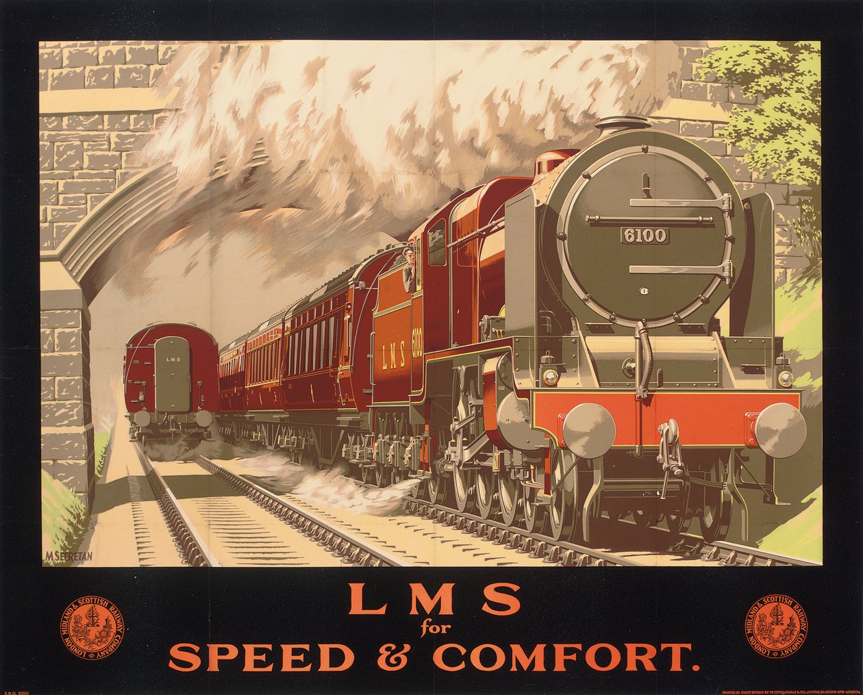 LMS for Speed and Comfort，伦敦、米德兰和苏格兰铁路广告海报（彩色平版印刷） 作者 默里秘书