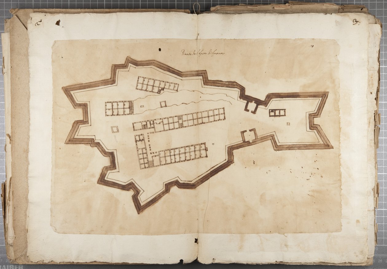Urbino和其他人的Mutio Oddi的绘画作品集 - 富恩特斯港，c.1635-40（装订卷纸上的钢笔和墨水） 作者 穆齐奥·奥迪