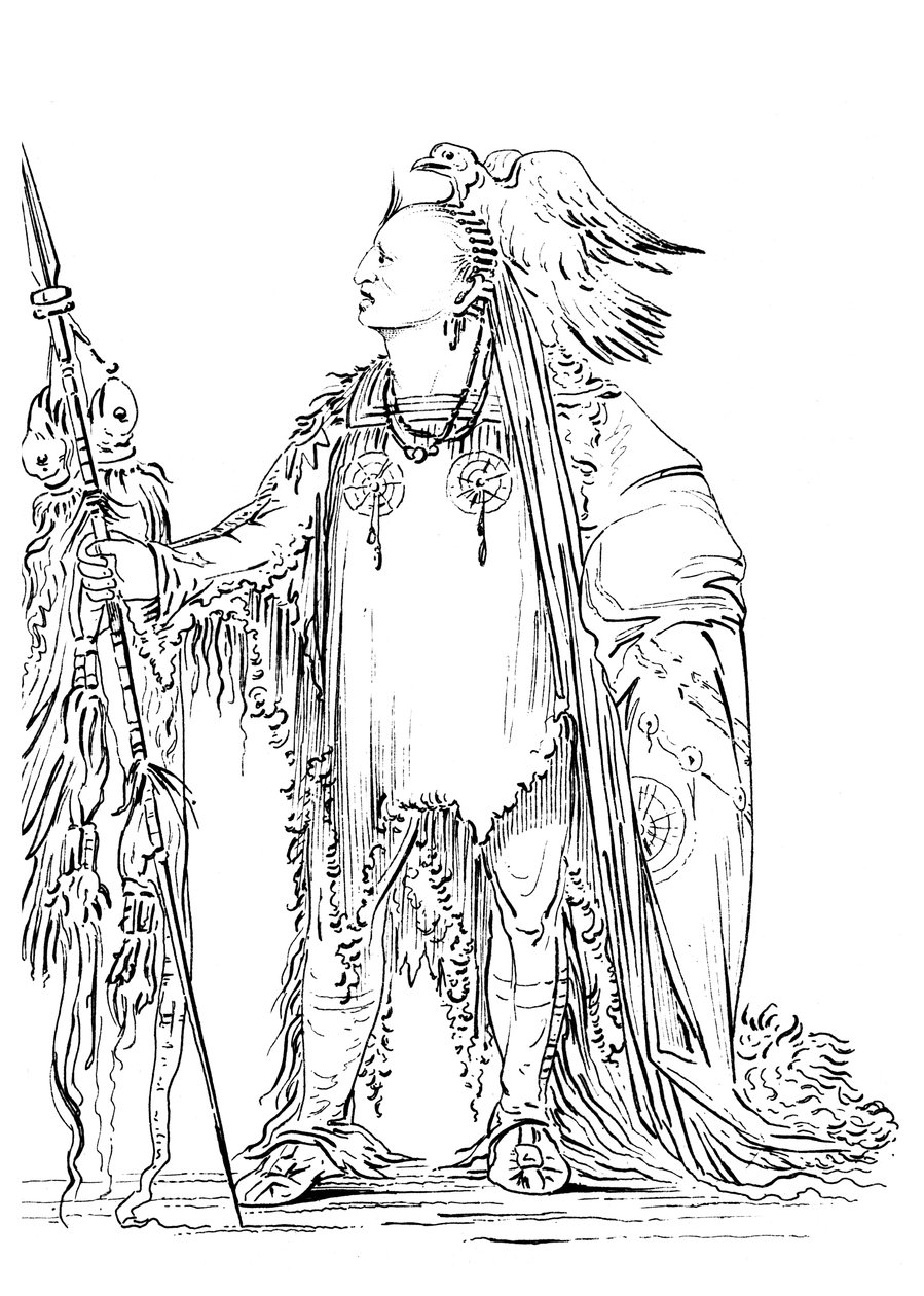 之前曾系过头发的人，Minataree部落的美国原住民男性，1841年。 作者 迈尔斯公司