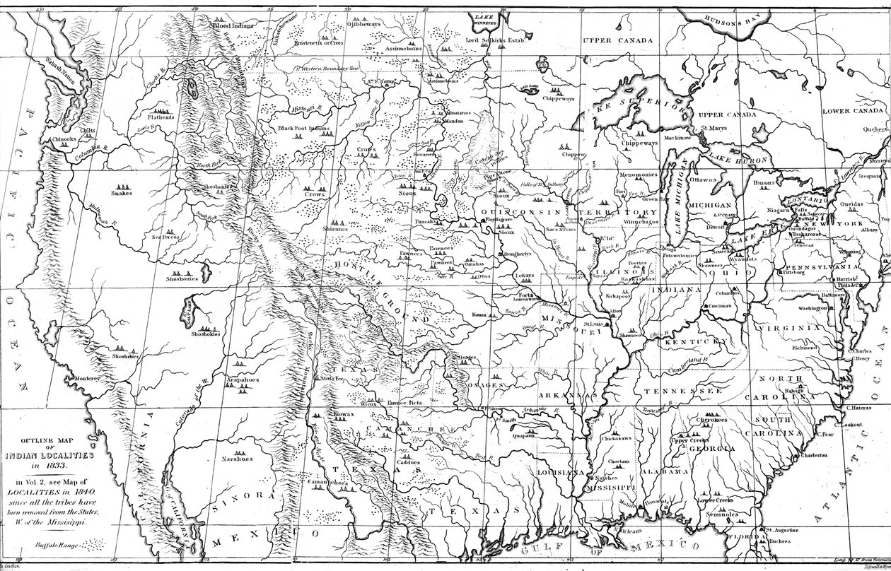 1841年的北美原住民部落位置地图。 作者 迈尔斯公司