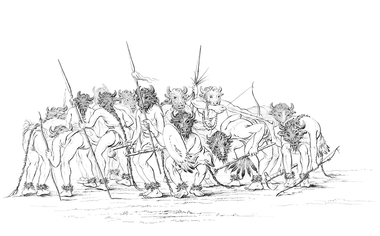 美国印第安人猎人戴着水牛面具跳舞，1841年。 作者 迈尔斯公司