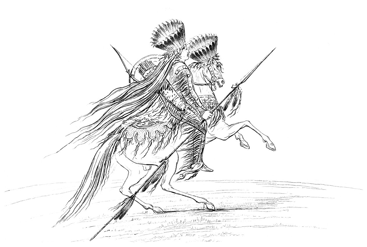 美洲印第安人，头戴武器和头饰，骑马，1841年。 作者 迈尔斯公司