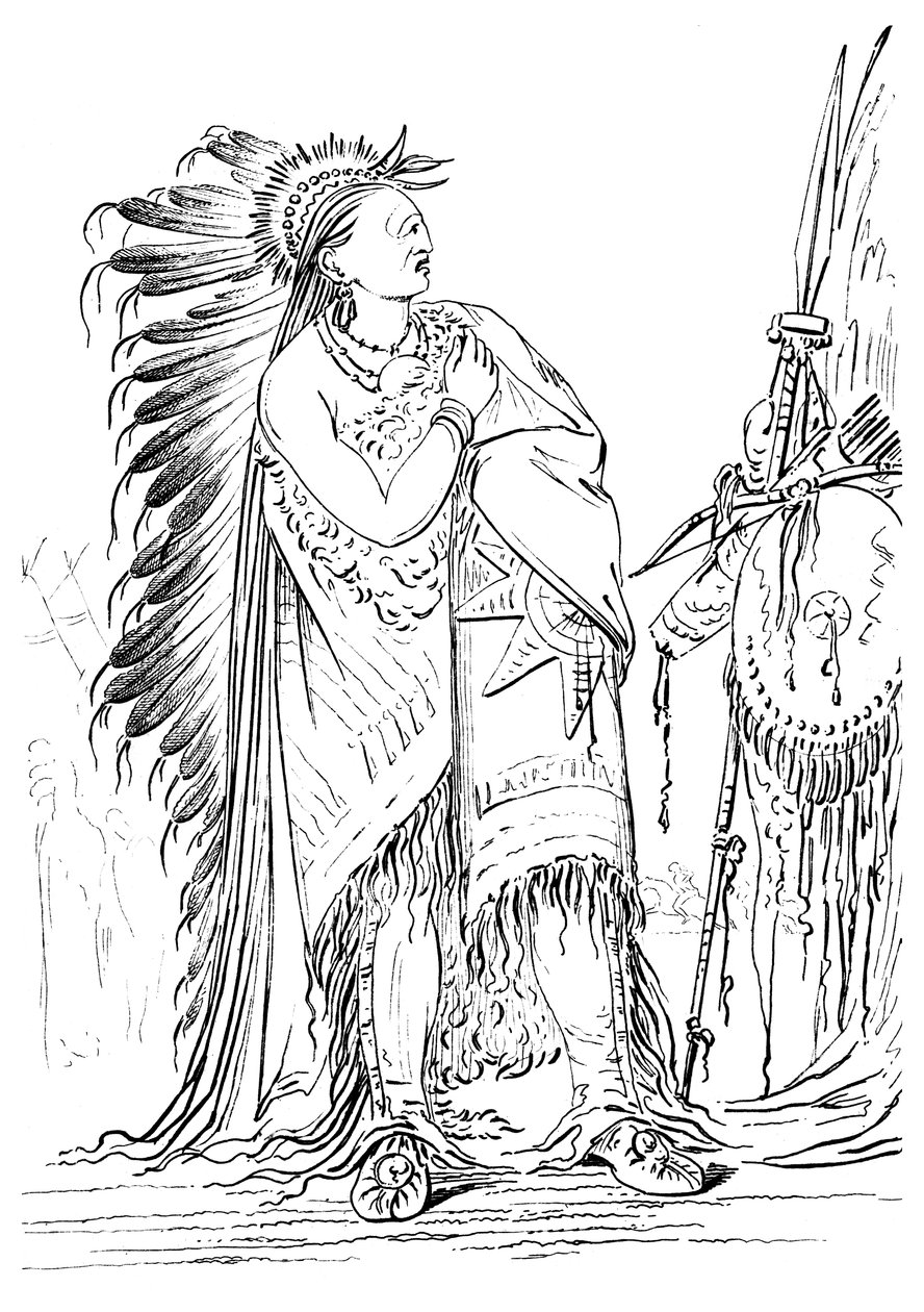 两只乌鸦，Minataree部落的美洲原住民男性，1841年。 作者 迈尔斯公司