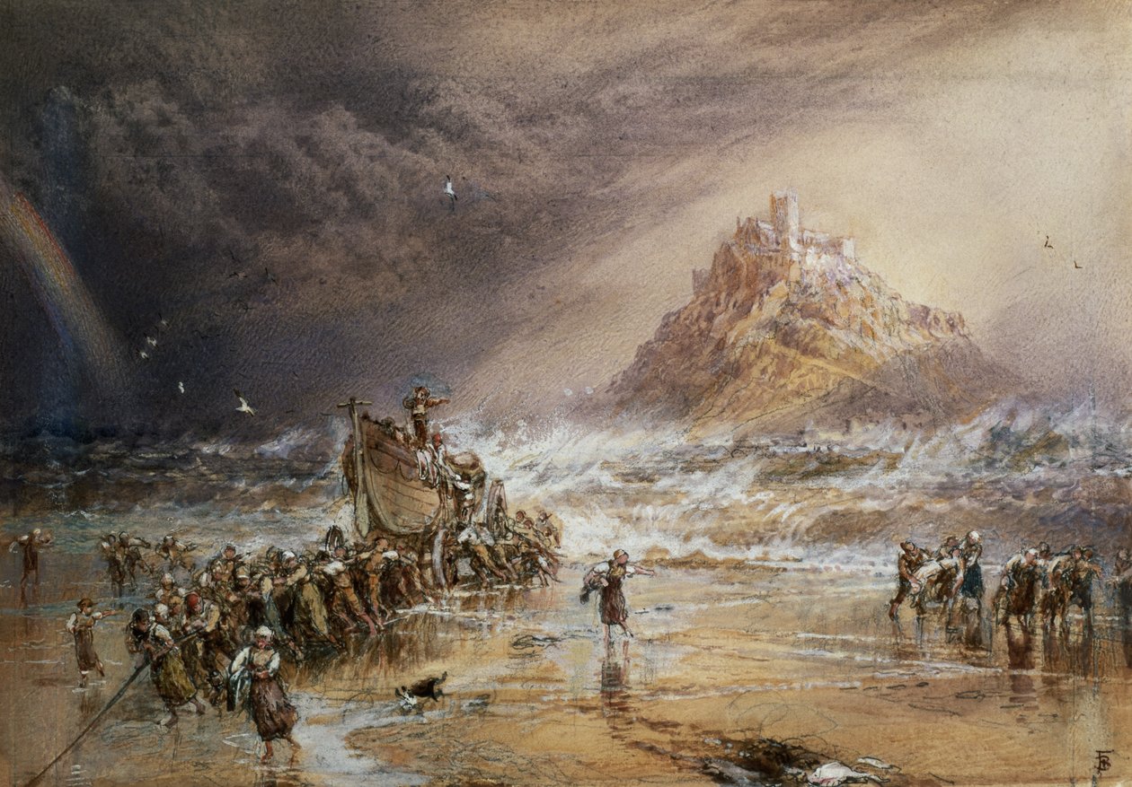 生命之船的回归与远处的圣迈克尔山，c.1874（wc，身体颜色和铅笔在纸上用白色加高） 作者 迈尔斯·比克·福斯特