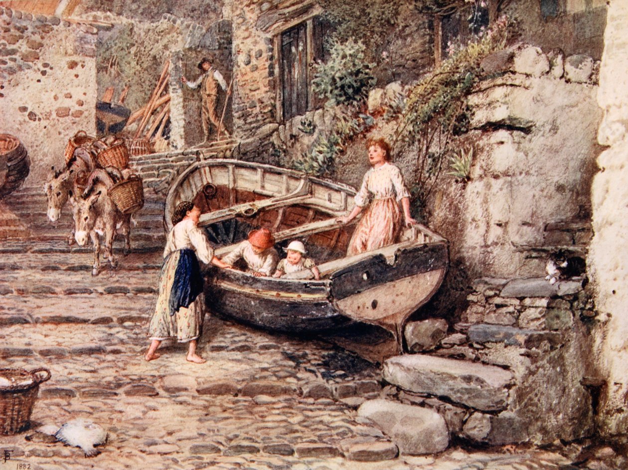 Clovelly的视图，与搁浅的船和数字，1882年 作者 迈尔斯·比克·福斯特