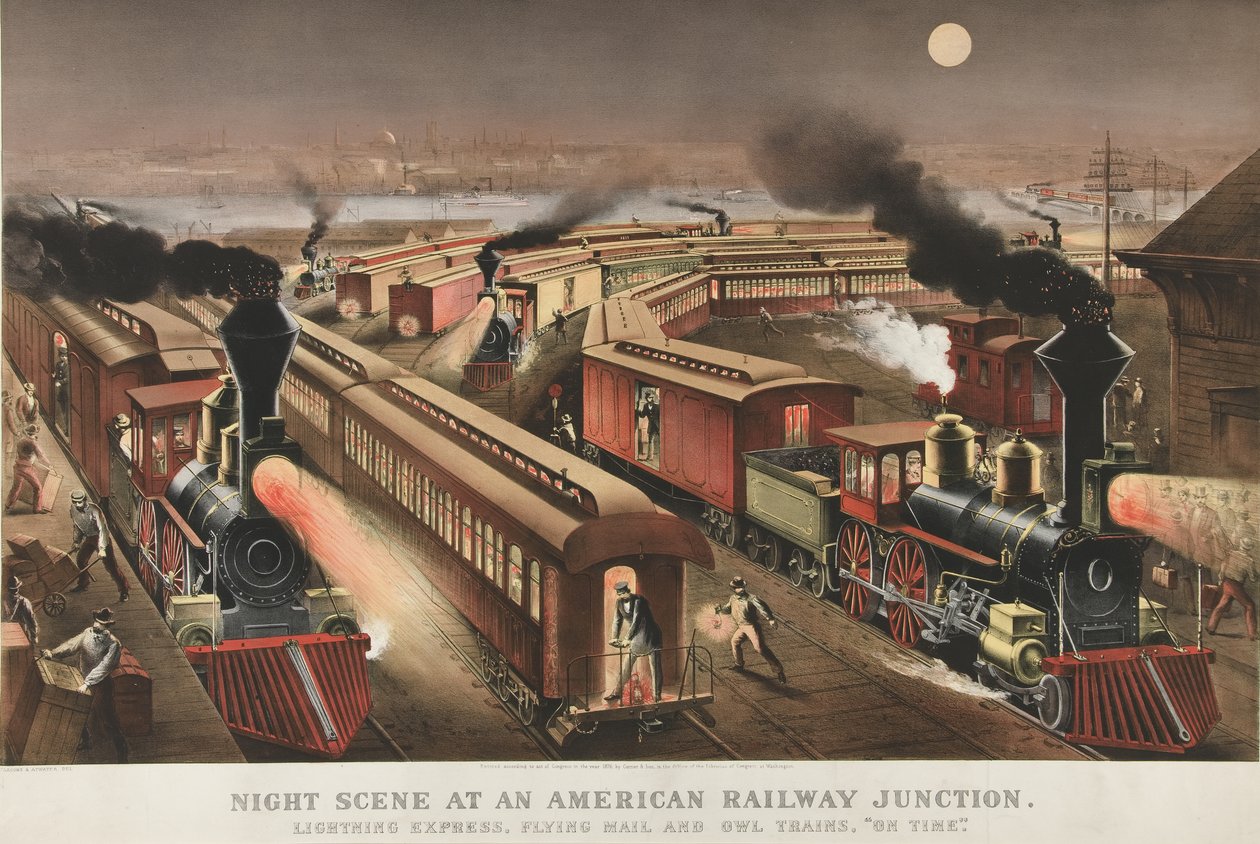 美国铁路交界处的夜景，1876年 作者 纳撒尼尔·卡里尔（Nathaniel Currier）