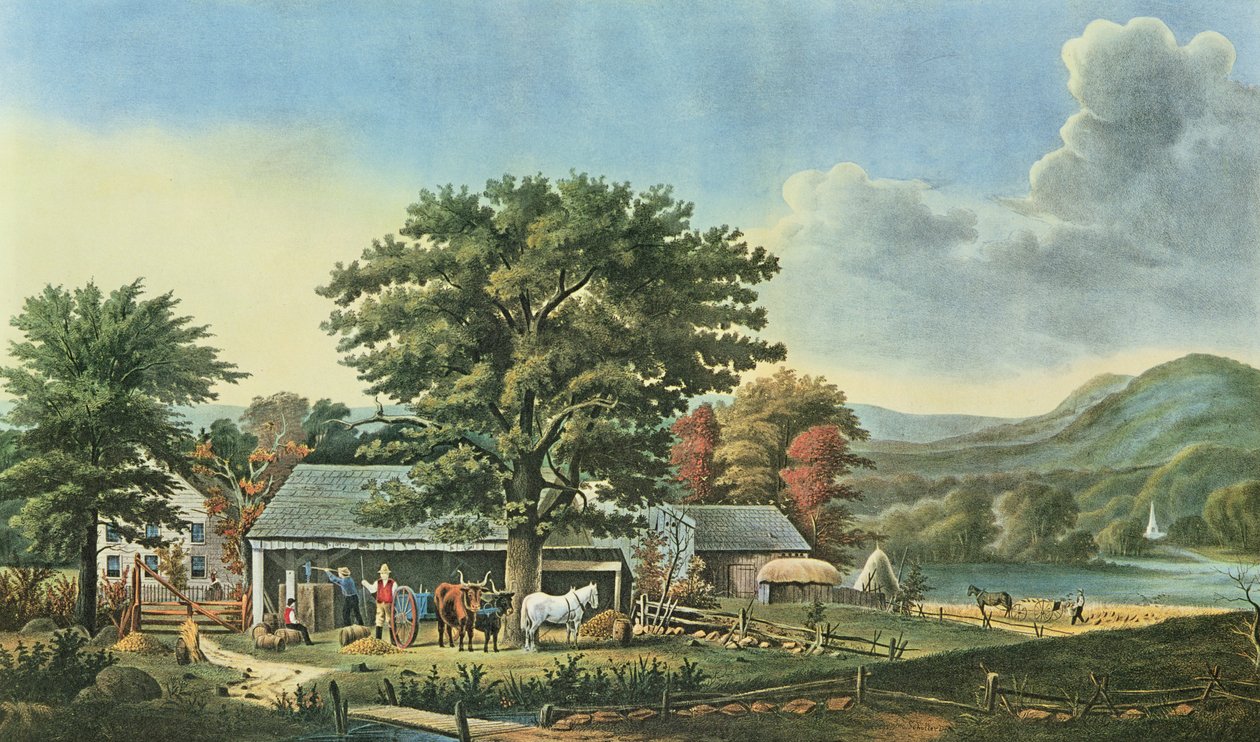 新英格兰的秋天 - 苹果酒制作，1866年 作者 N. and Ives，JM库里尔