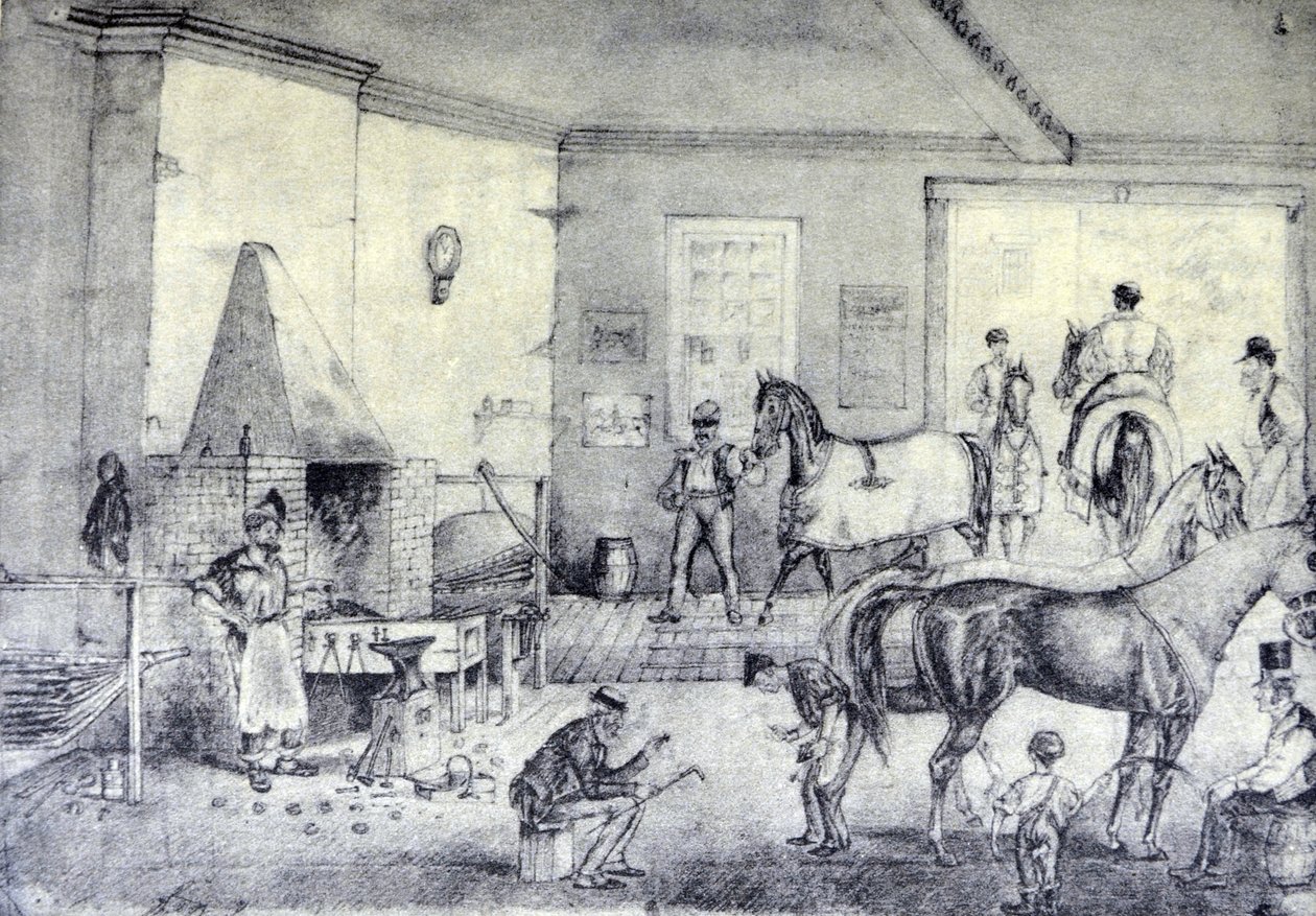 Currier＆Ives插图19世纪。在Forge处完成裂缝（Thomas Worth的原始图纸，从中进行印刷。） 作者 N. and Ives，JM库里尔