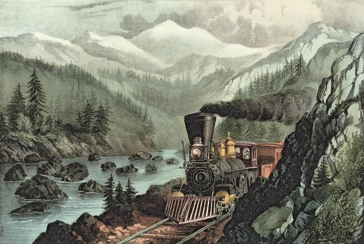 通往加州的路线。特拉基河，内华达山脉。中太平洋铁路，1871年 作者 N. and Ives，JM库里尔