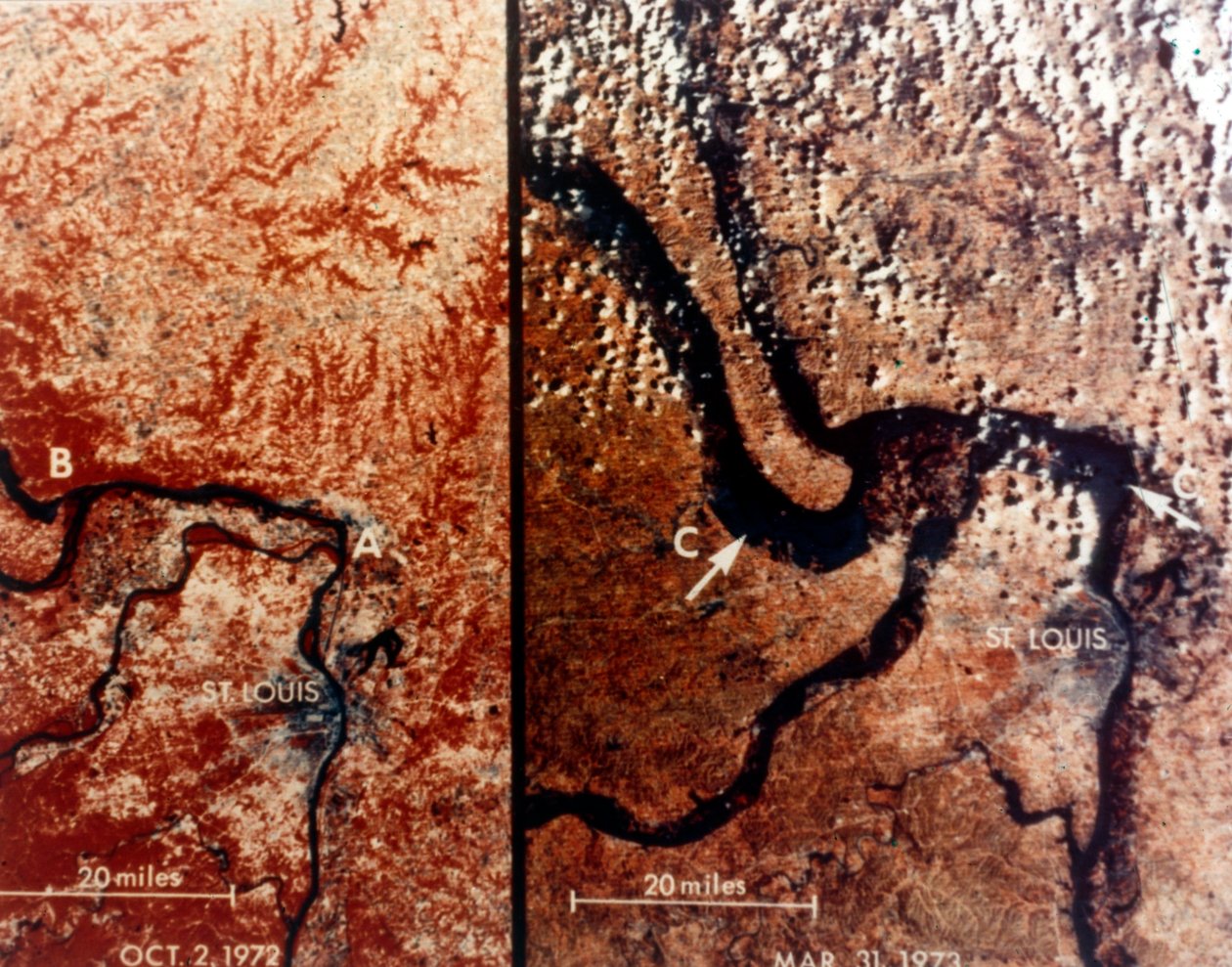 从太空看地球--密西西比河和圣路易斯，美国，约1980年代。 作者 NASA图片