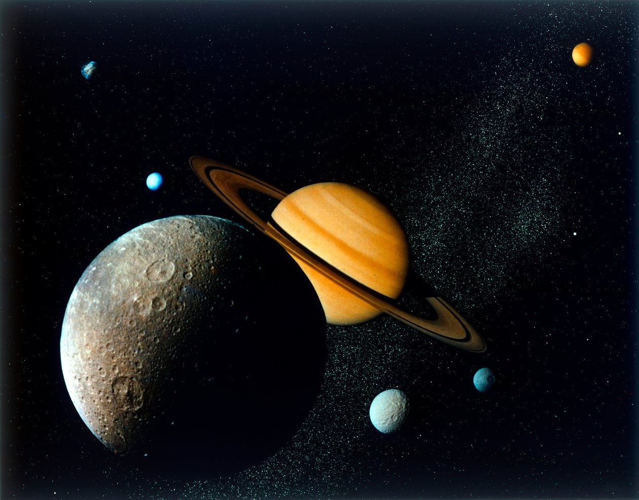 从旅行者1号上看到的星期六系统，约1980年代。 作者 NASA图片