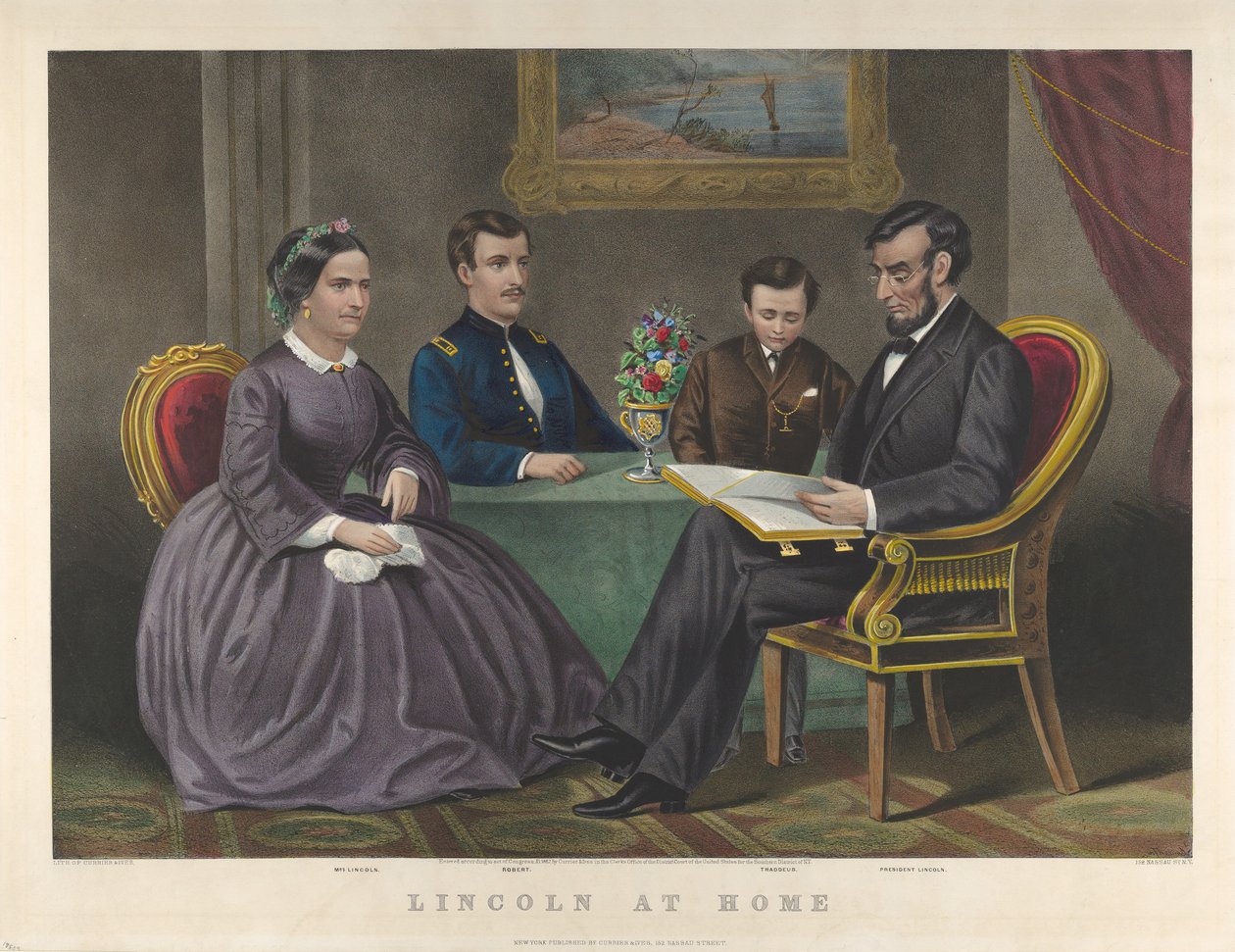 林肯在家，1867年 作者 纳撒尼尔·卡里尔（Nathaniel Currier）