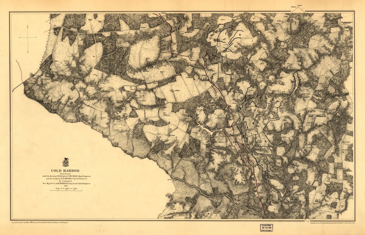21,120.LC Civil War Maps（第 2 版），531.3 在这一期中，地图印在黄色背景上，奇卡霍明尼河（Chickahominy River）被染成绿色。地图显示了道路、弗吉尼亚中央铁路、房屋、栅栏、居民姓名、植被、排水系统以及按海拔高度划分的地形。 作者 N米克勒