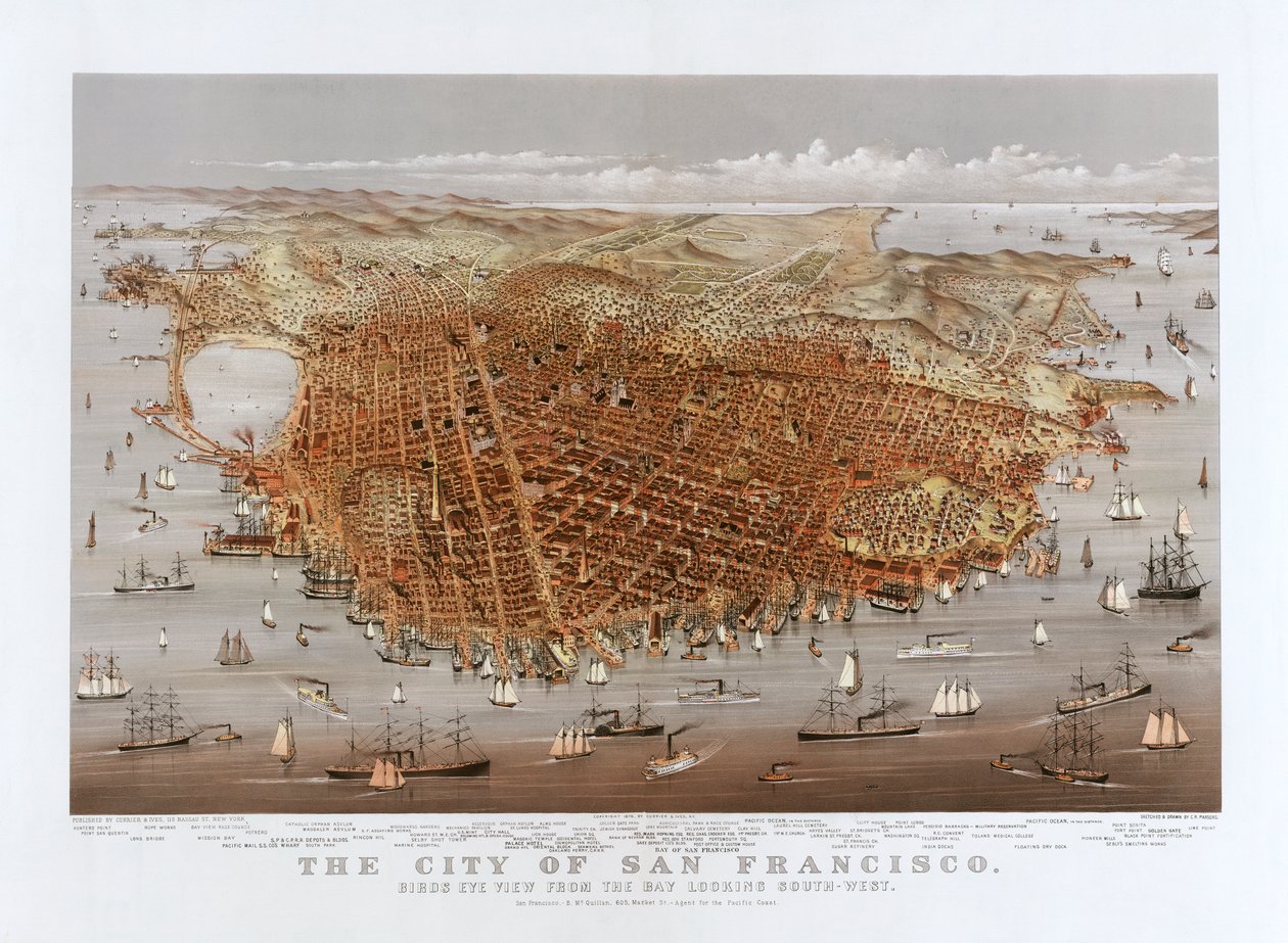 旧金山市》，Currier & Ives，约1878年（彩色平版印刷）。 作者 库里尔和艾夫斯