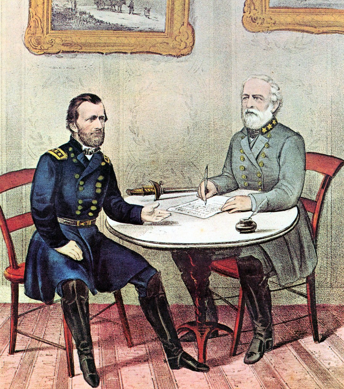 美国内战：格兰特将军（左）和李将军在 1865 年棕榈星期日会面，商讨李的北弗吉尼亚军投降条件 作者 N. 和艾夫斯 JM (1824 95) 柯里尔