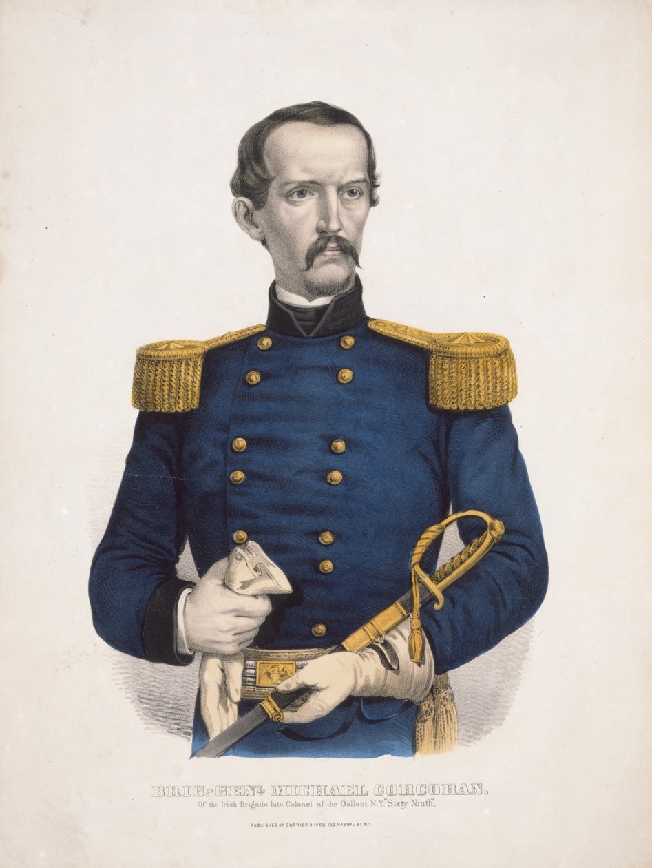 爱尔兰旅的迈克尔-科兰准将（Brig.-Gen. Michael Corcoran），已故英勇的纽约州 "第六十九军 "的上校。 作者 库里尔和艾夫斯