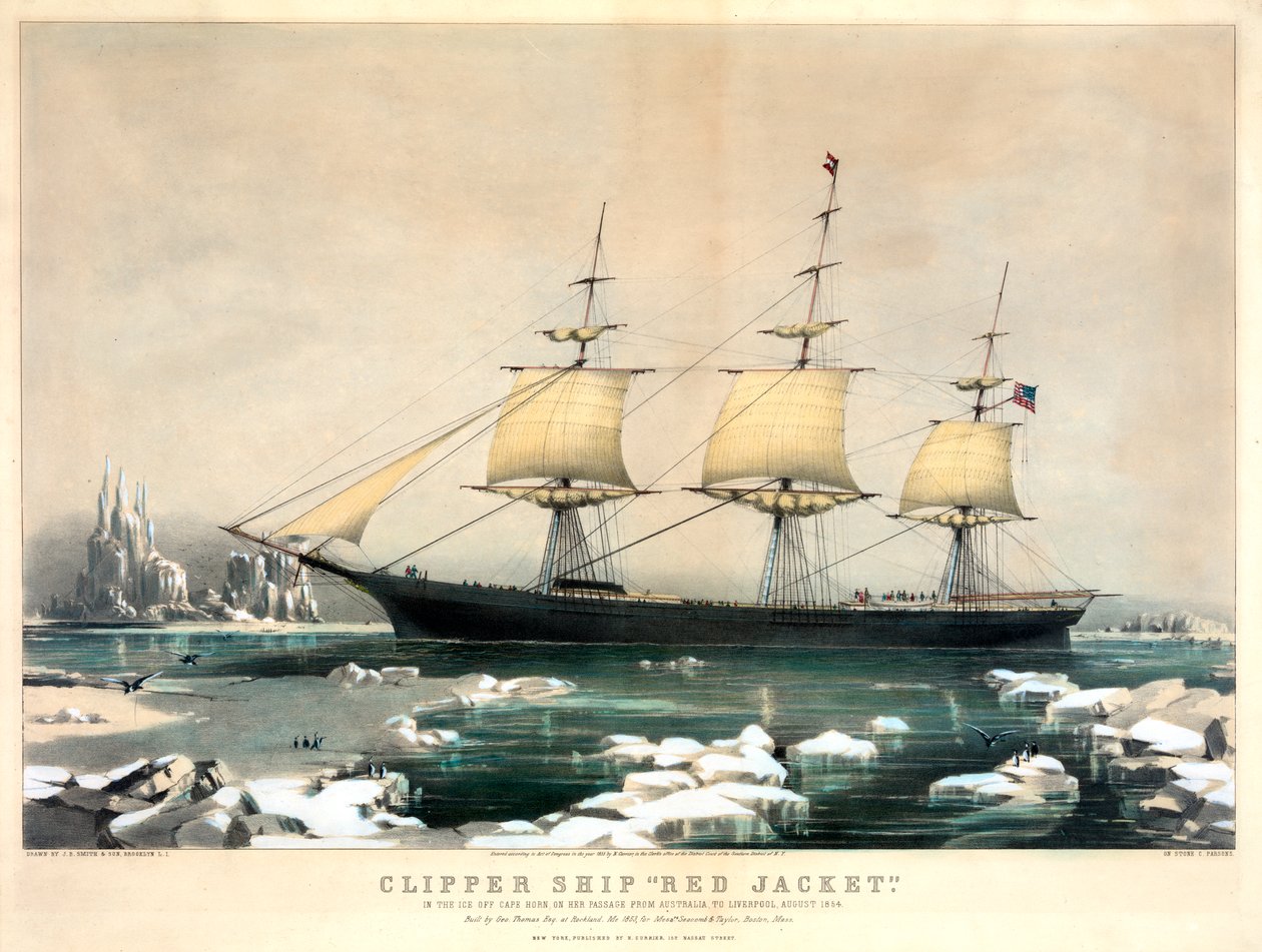 克里尔和艾夫斯的《快船红夹克》（Clipper Ship Red Jacket）。 作者 库里尔和艾夫斯