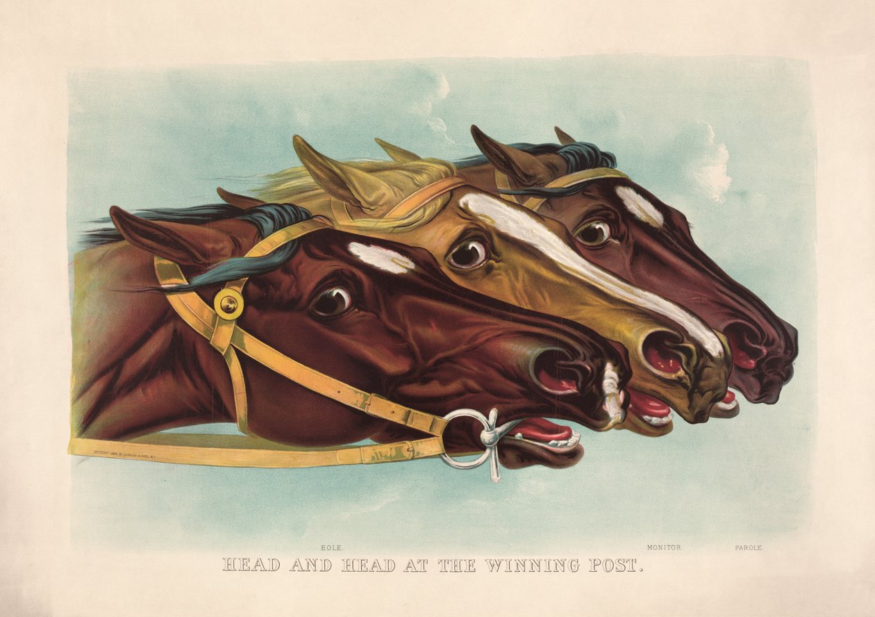 Currier & Ives 在获胜岗位上的头和头 作者 库里尔和艾夫斯