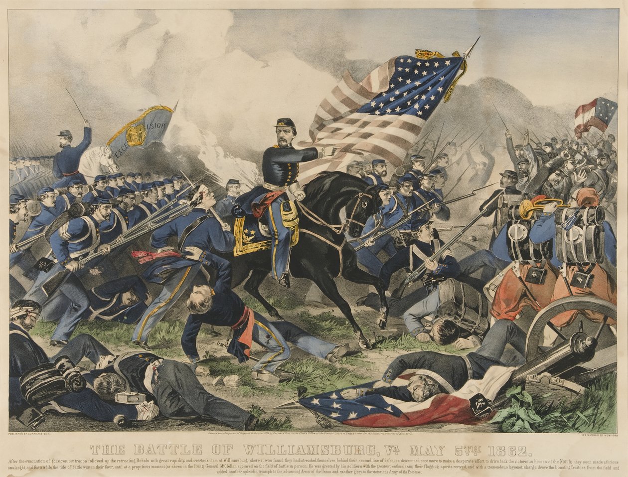 1862年5月5日弗吉尼亚州威廉斯堡之战（彩色石版画）。 作者 库里尔和艾夫斯