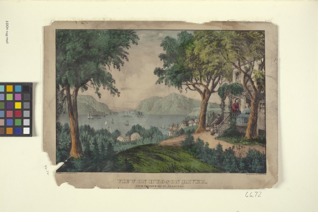哈德逊河景观，从纽堡拉格尔之家（手绘彩色石版画） 作者 N. 和 Ives JM (1824 95) 库里尔
