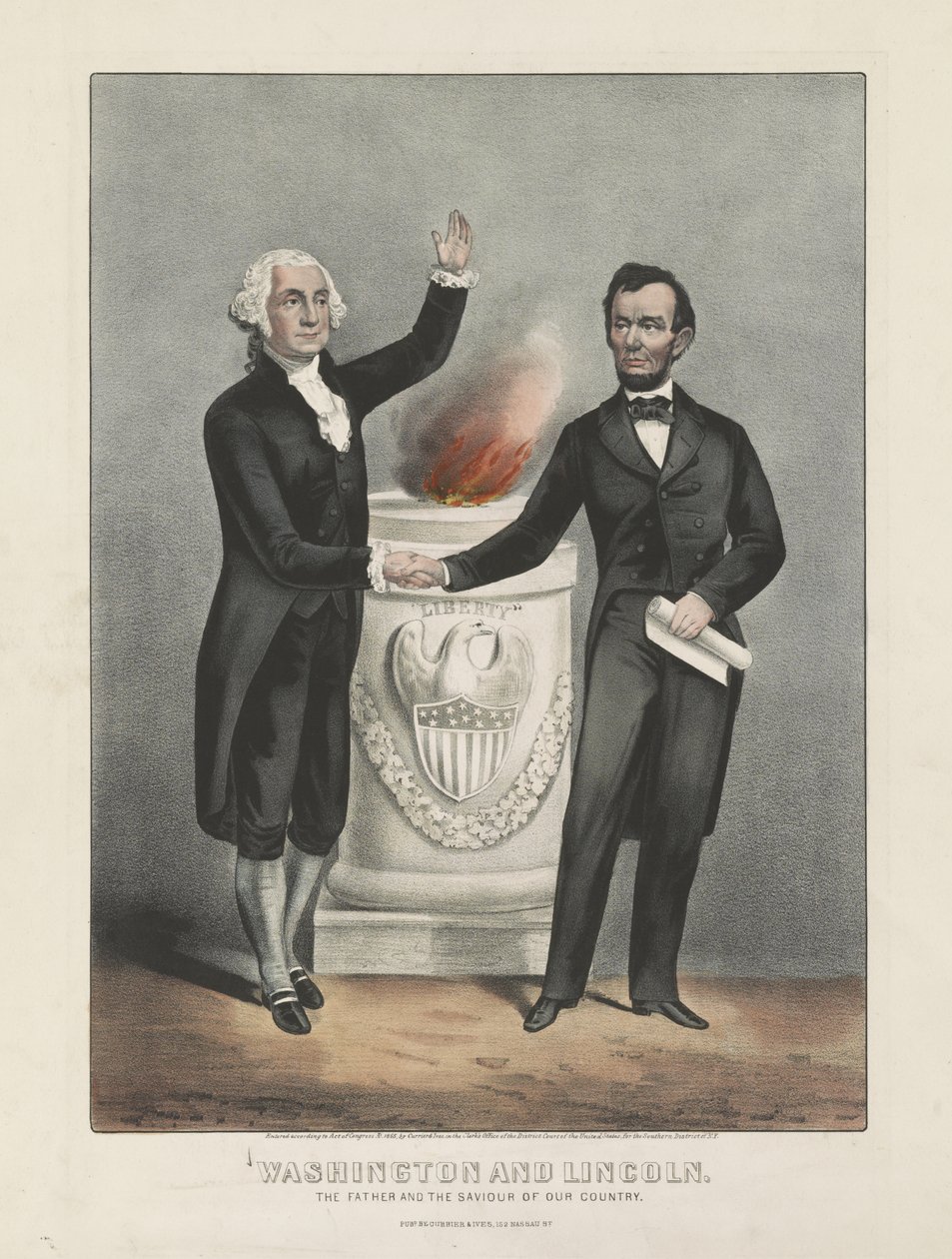 华盛顿和林肯。我们国家的父亲和救星，约1865年（彩色石版画）。 作者 库里尔和艾夫斯