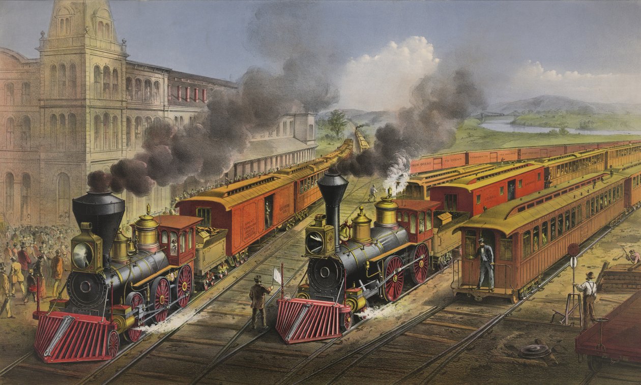 美国铁路现场：闪电快车于1874年离开交叉路口 作者 N. and Ives，JM库里尔