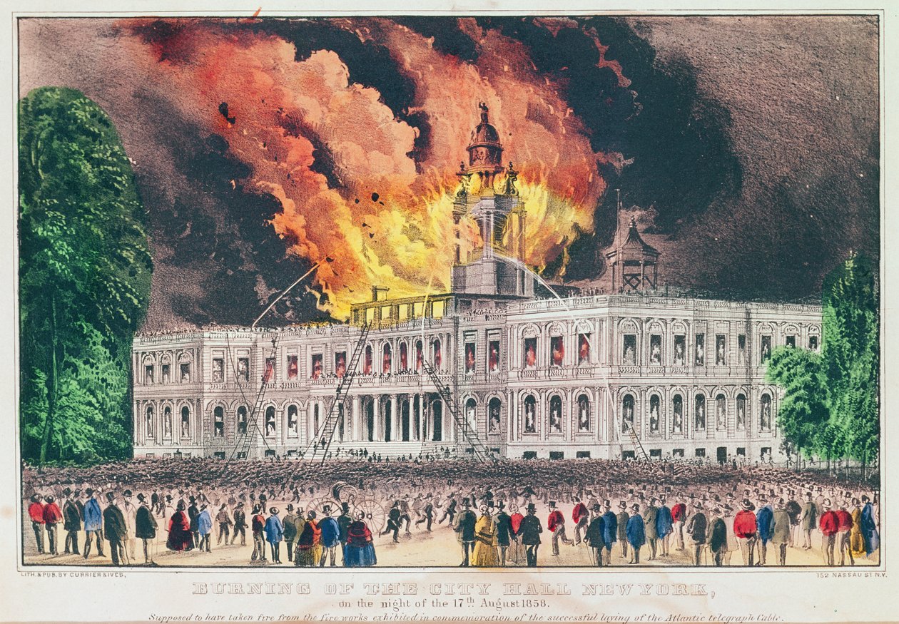 1858年8月17日晚上，纽约市政厅被烧毁 作者 N. and Ives，JM库里尔
