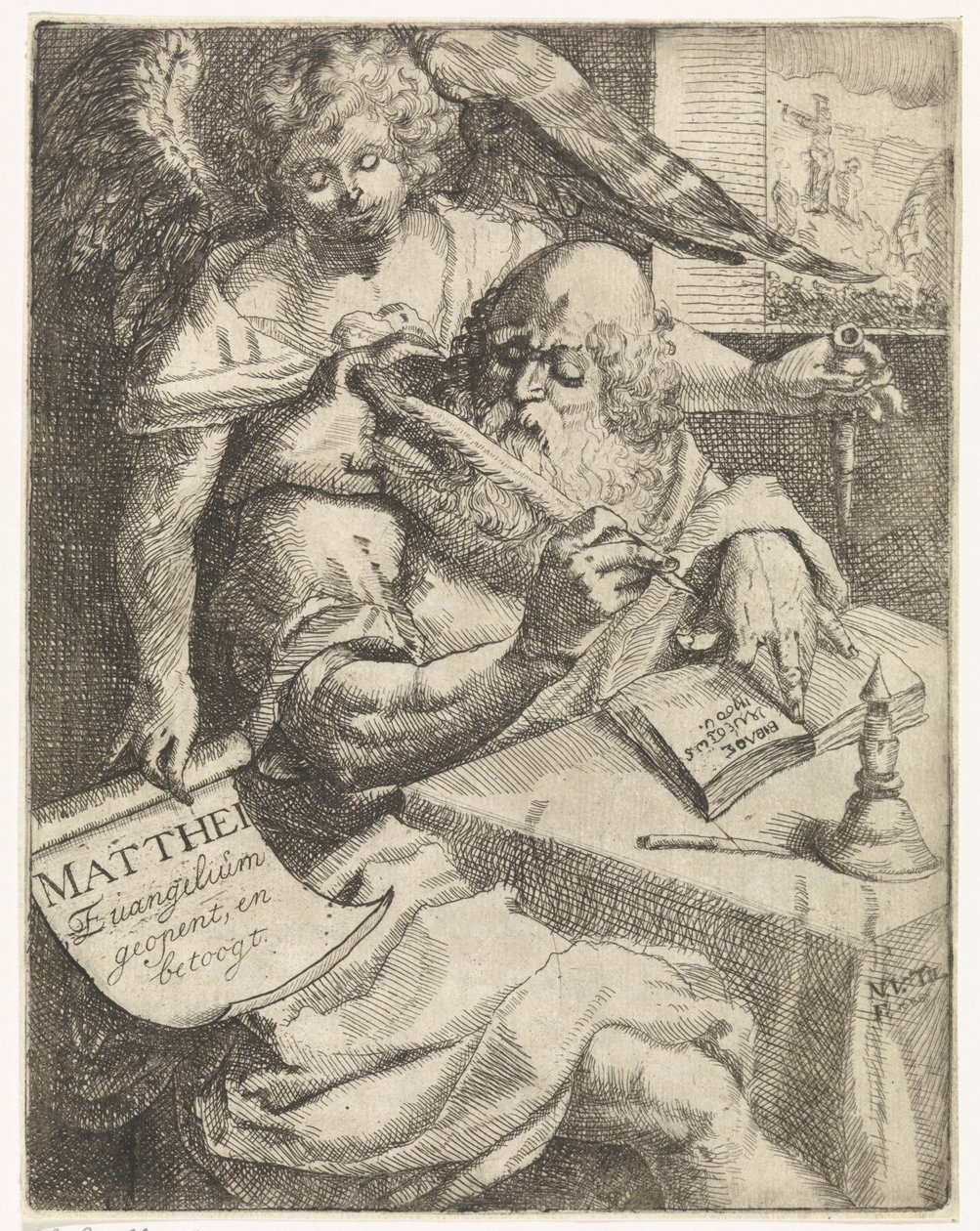福音传道者马太 Matthei Evangelium 开幕并争论（对象上的标题） 扉页：S. van Til, Het euangelium des H. apostles Matthæi (...) 以简短笔记打开，1687 年 作者 N.范蒂尔