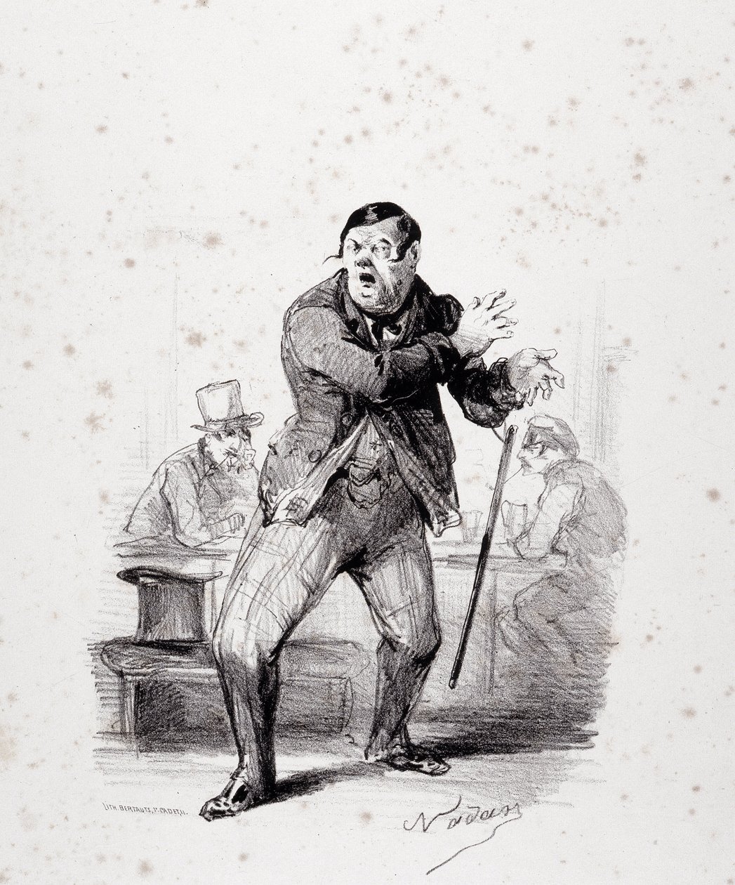 Comedians on stage. Plate inserted in the album “Les Ficelles Dramatiques deroulees by Berthelier de l