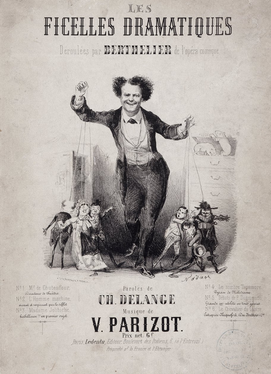 让-贝尔特利耶（1830-1888）的肖像，手持木偶之子。相册 "Les Ficelles Dramatiques deroulees by Berthelier de l