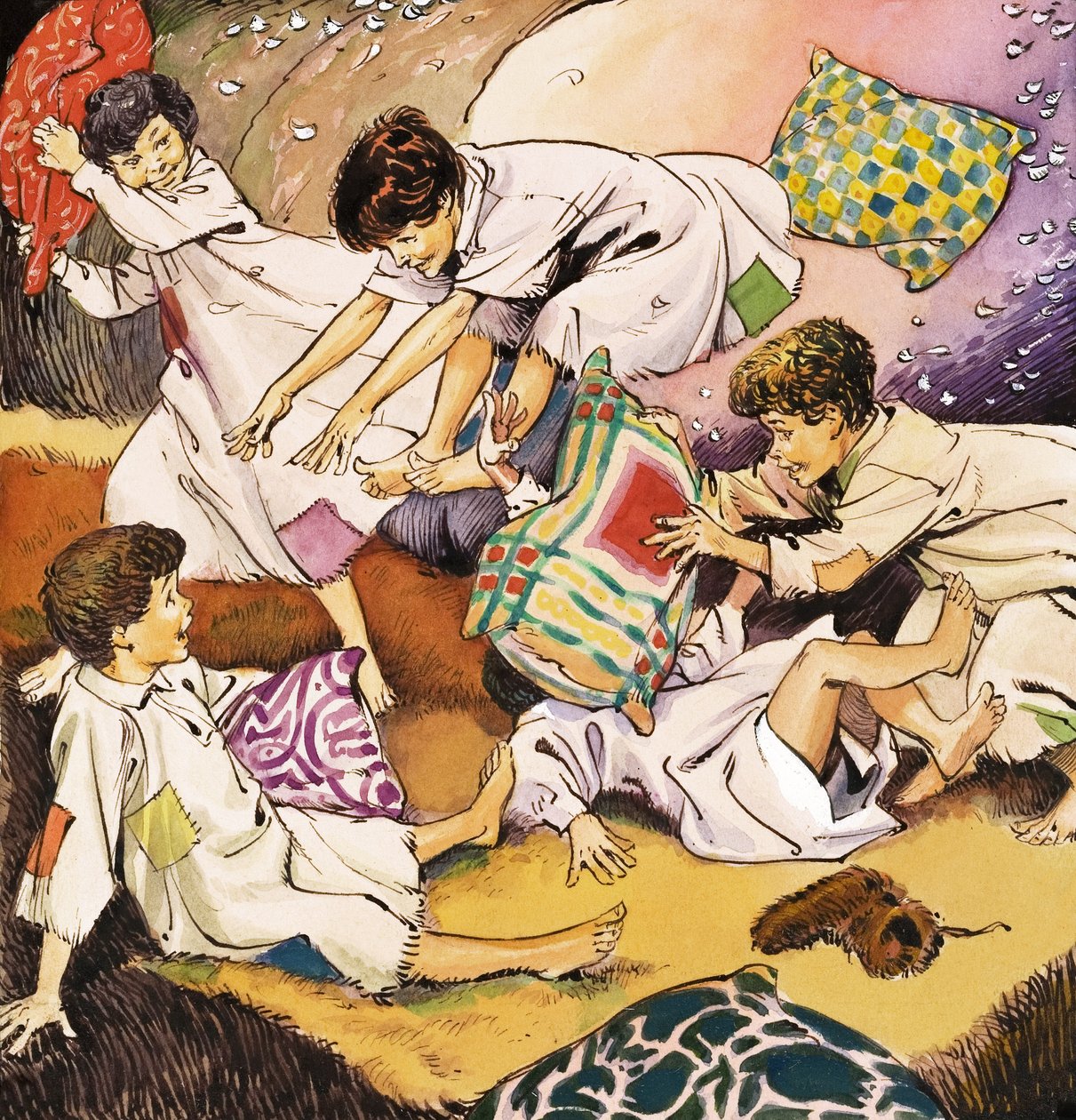 枕头大战》，J.M. Barrie 的《彼得-潘》插图（纸面水粉画） 作者 纳迪尔·昆托