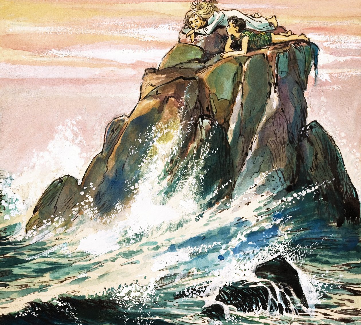小飞侠和岩石上的温迪-达令》，J.M. Barrie 的《小飞侠》插图（纸面水粉画） 作者 纳迪尔·昆托