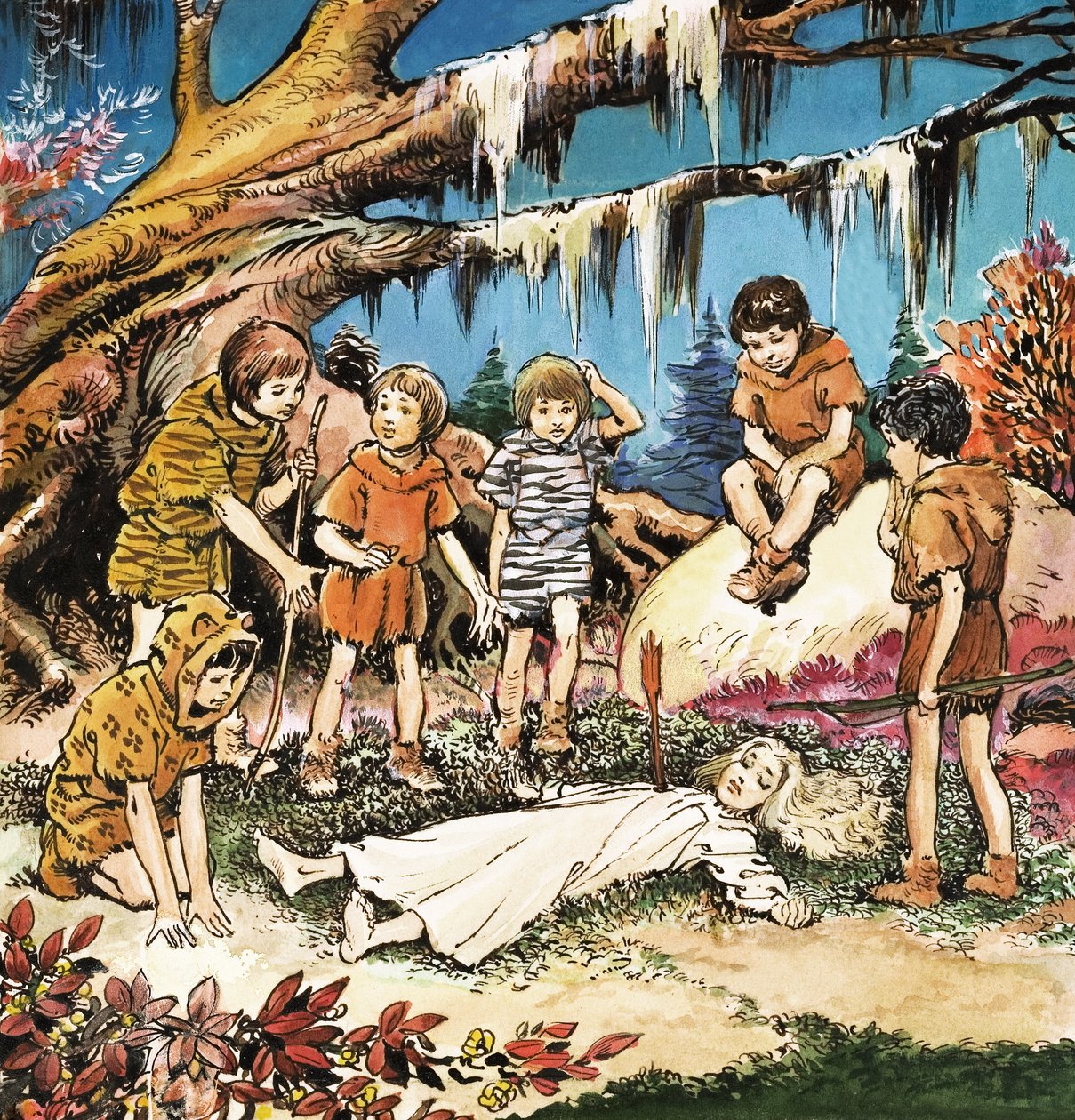 迷失男孩对受伤的温迪的关心，J.M. Barrie 的《彼得-潘》插图（纸面水粉画） 作者 纳迪尔·昆托