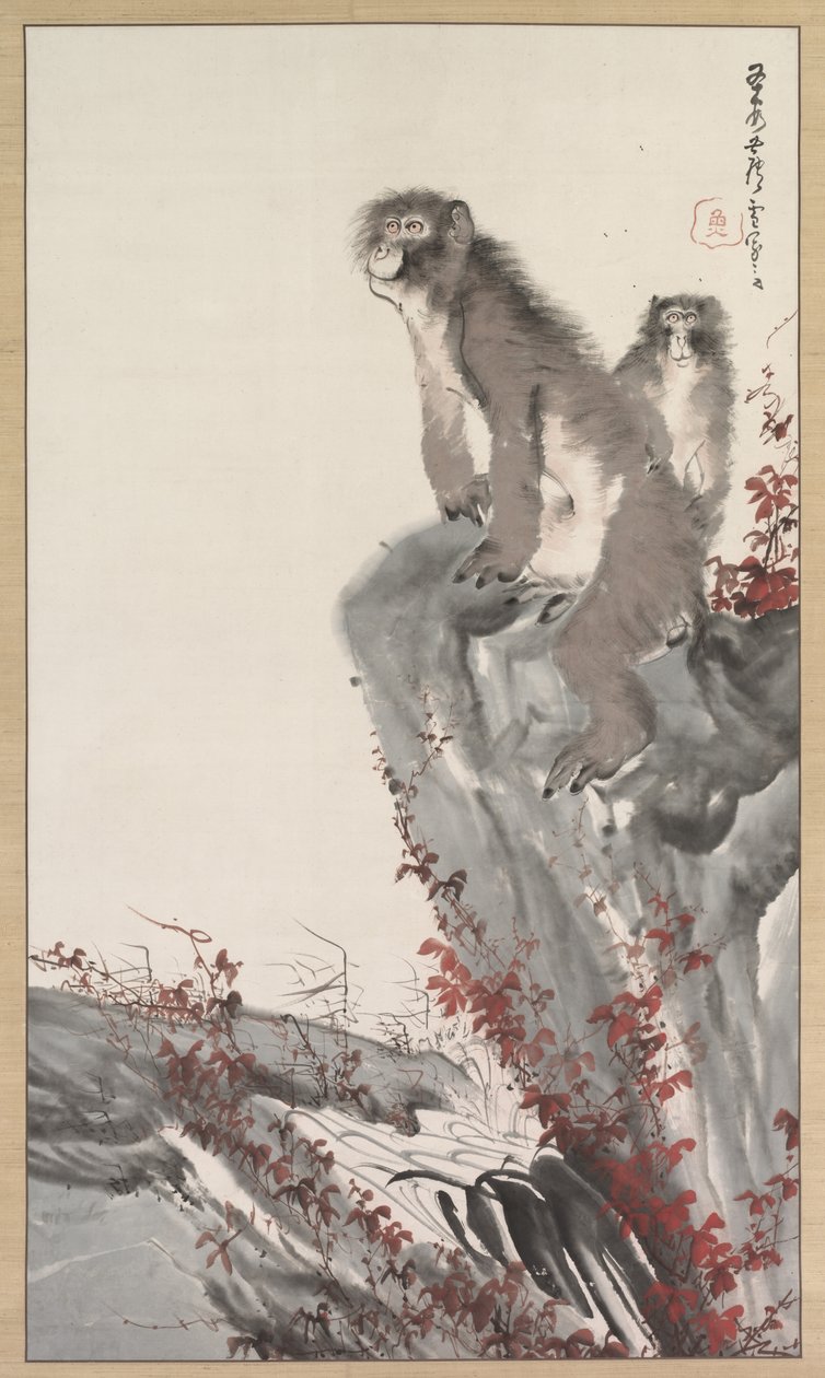 1800年代中期，溪边的猴子。 作者 长泽玫瑰