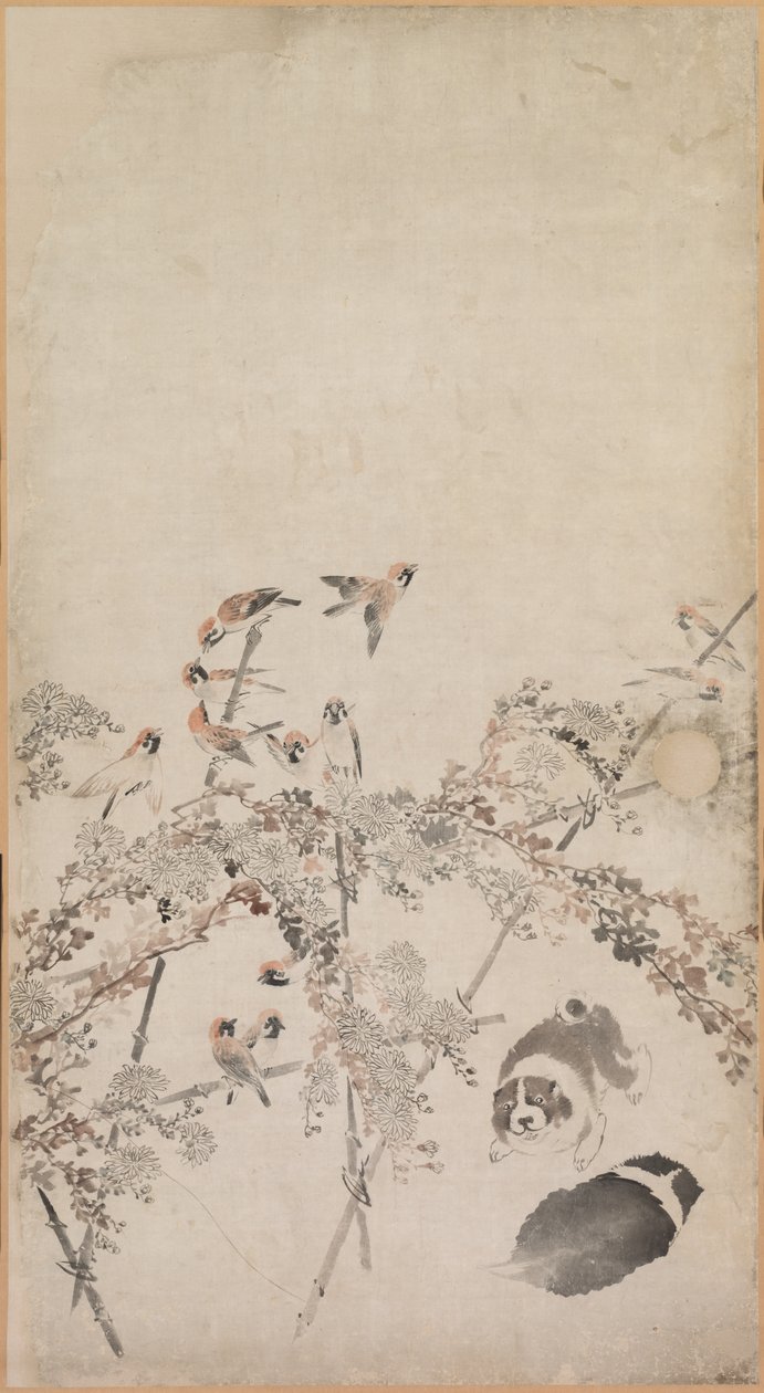小狗，麻雀和菊花，1754-1799年。 作者 长泽玫瑰