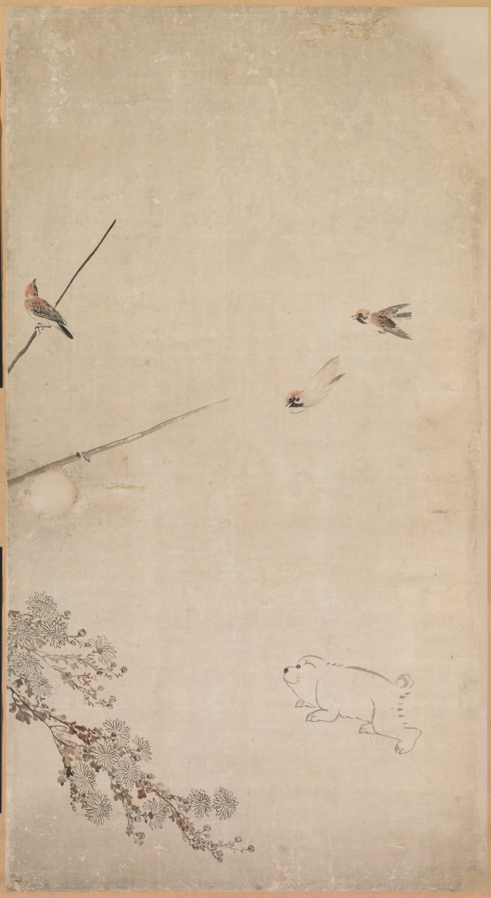小狗，麻雀和菊花，1754-1799年。 作者 长泽玫瑰