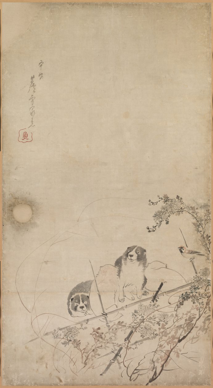 小狗，麻雀和菊花，1754-1799年。 作者 长泽玫瑰