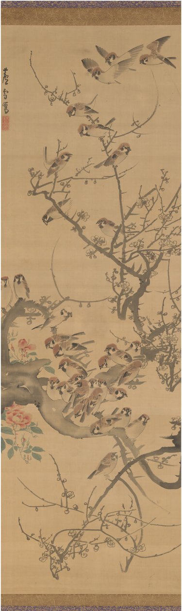 梅花树上的麻雀，1790年代初。 作者 长泽玫瑰