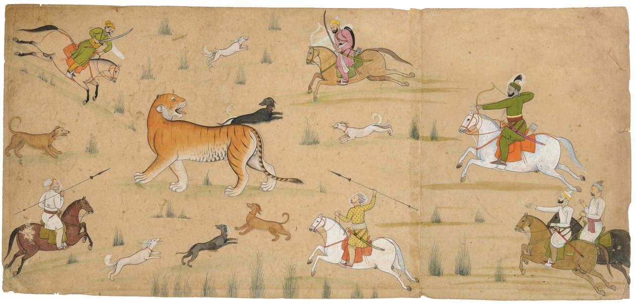 Raja Balwant Dev Singh狩猎老虎，约1750年 作者 纳因苏克
