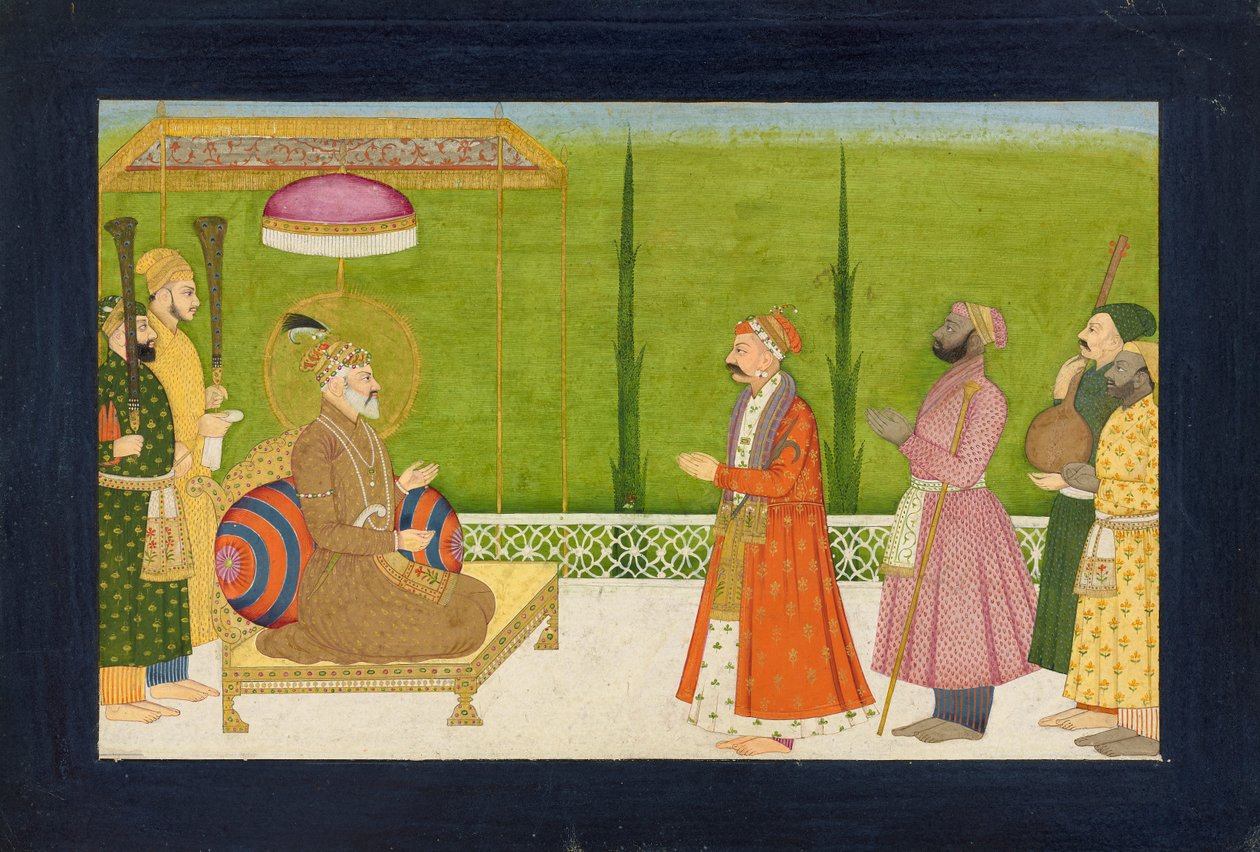 诗人Sundar Das在Shah Jahan皇帝面前，来自<em>Sundar Shringar</em>的对开纸。 作者 纳因苏克