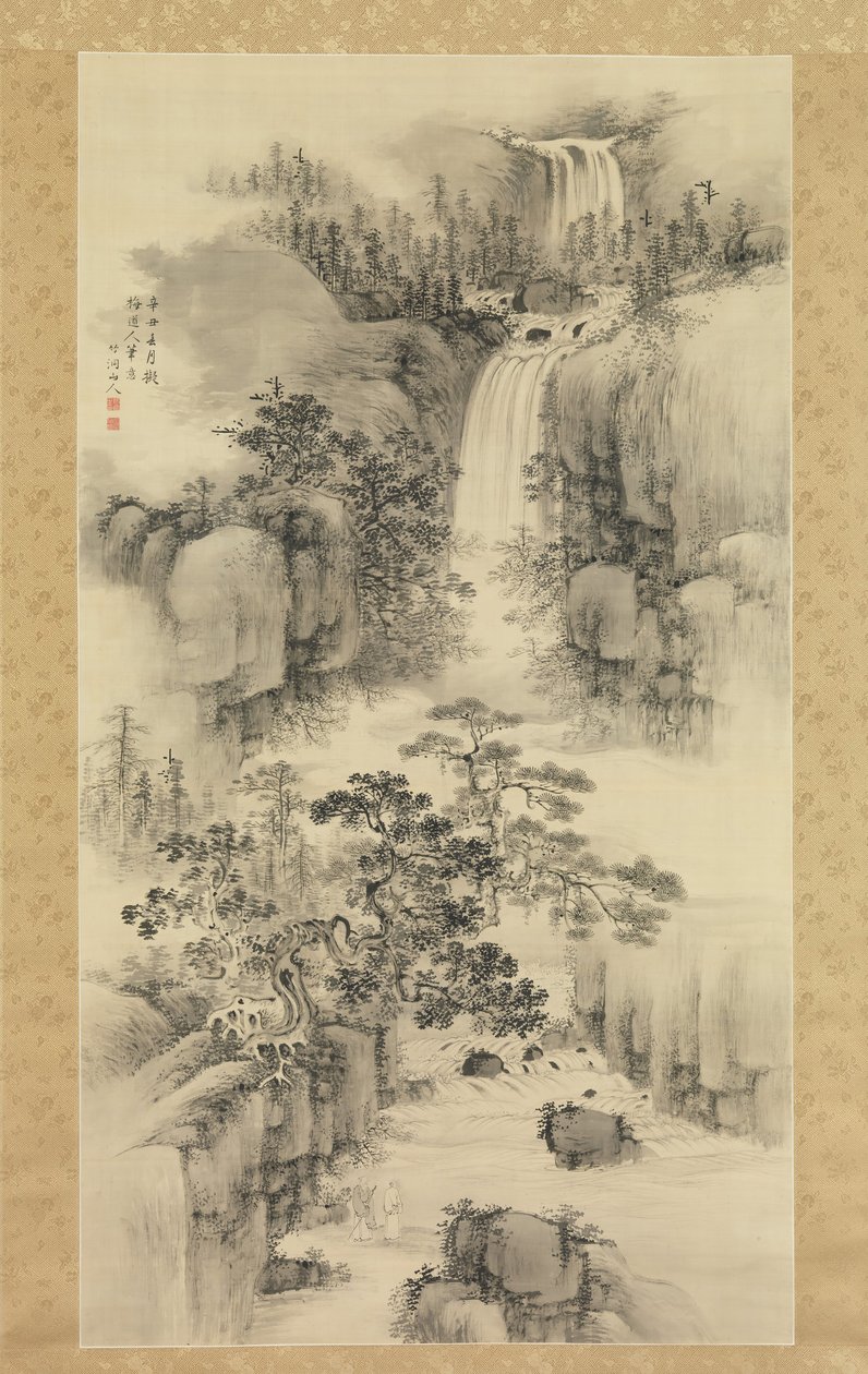 有瀑布的风景，1841年。 作者 中林筑东