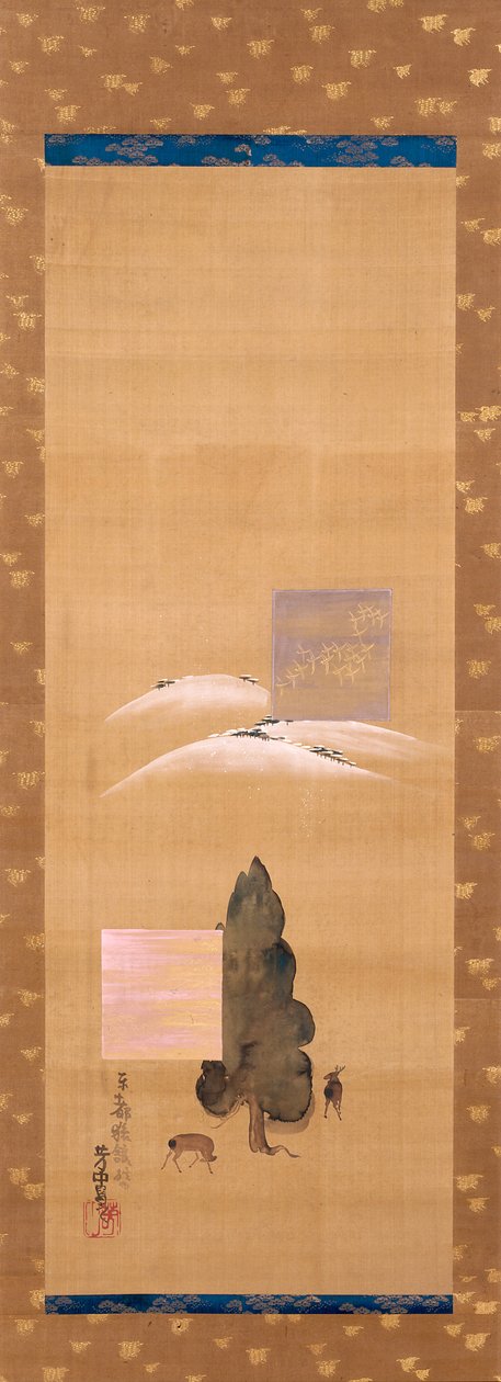 大和八景：三笠山雪、春日野鹿（水墨设色绢本） 作者 中村保中