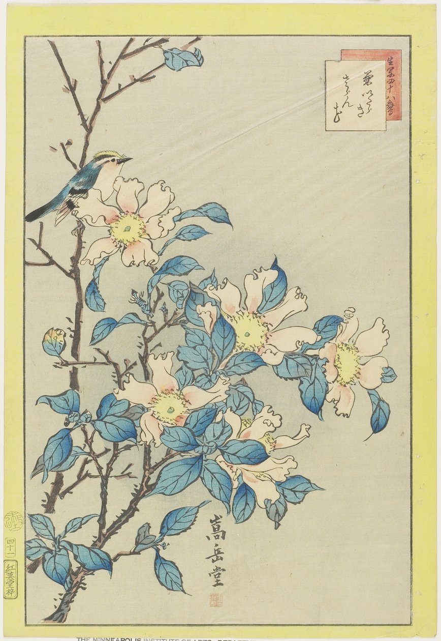 蓝鸟和粉红色的花朵，1859年（彩色木版画） 作者 中山寿堂