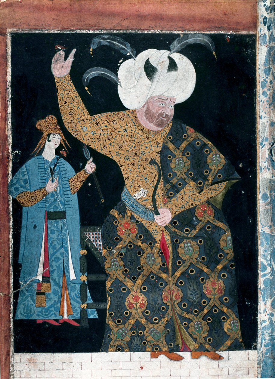 奥斯曼帝国：““苏丹塞利姆二世的肖像，称为醉酒者或金发女郎（1524-1574）””水彩画归功于 Reis Haydar Nakkep dit Nigari（1494-1572）（TKS 2134，fol. 3 b）伊斯坦布尔，托普卡匹塞雷 作者 Nakkep叫Nigari Reis Haydar