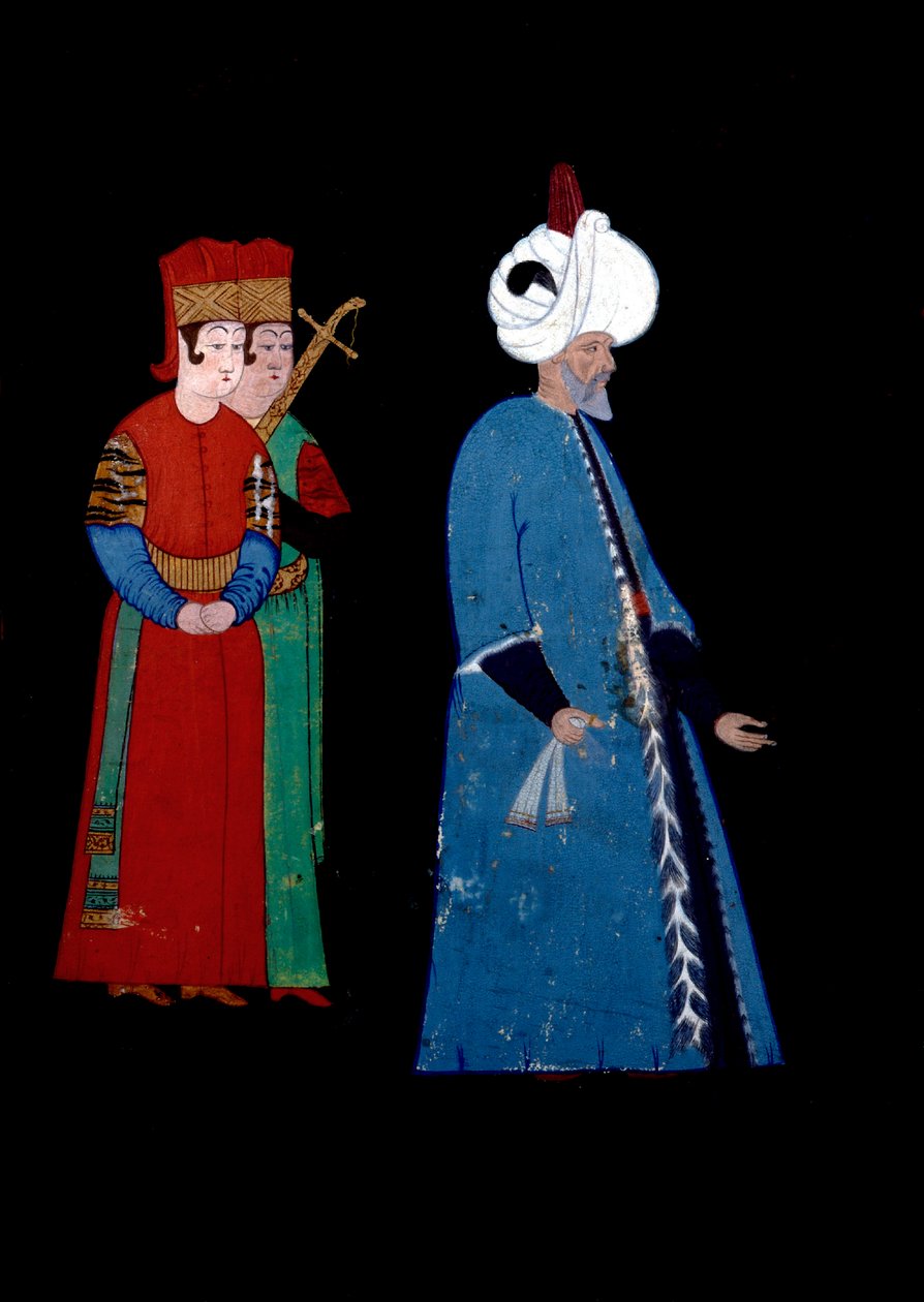 奥斯曼帝国苏丹苏莱曼 (Suleyman) I the Magnificent (1494-1566) 的肖像，年龄，由两名武装警卫陪同。 海达尔·雷伊 (Haydar Rey) 的尼加里 (1462-1572) 的缩影 作者 Nakkep叫Nigari Reis Haydar
